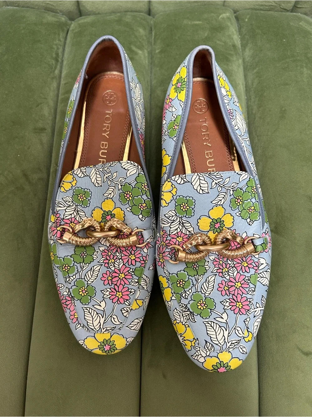 Tory Burch Floral Chain-Trim Loafers in Light Blue with Yellow, Pink & Green - Picture 1 of 4